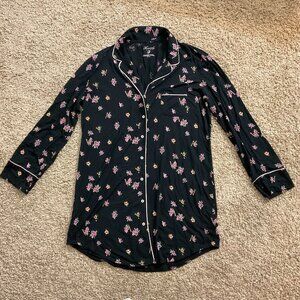 VS Heavenly Soft Modal Long Sleeve Button Sleep Shirt Nightgown, Black Floral, M